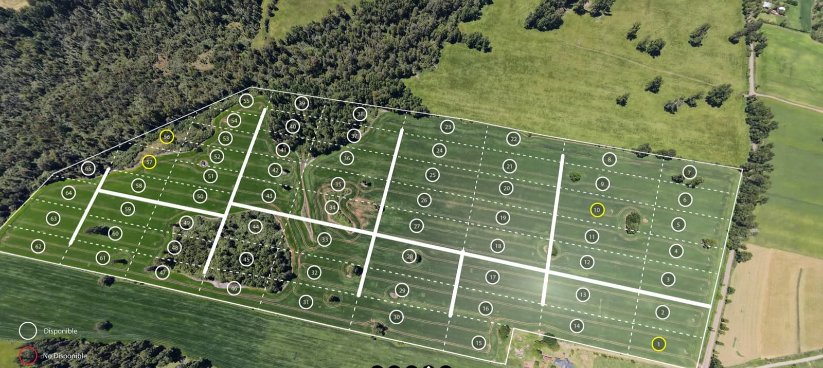 Vista aérea del proyecto con los lotes marcados — preview del tour 360°
